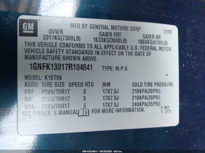 2007 Chevrolet Tahoe Lt VIN: 1GNFK13017R104841 Lot: 43334611