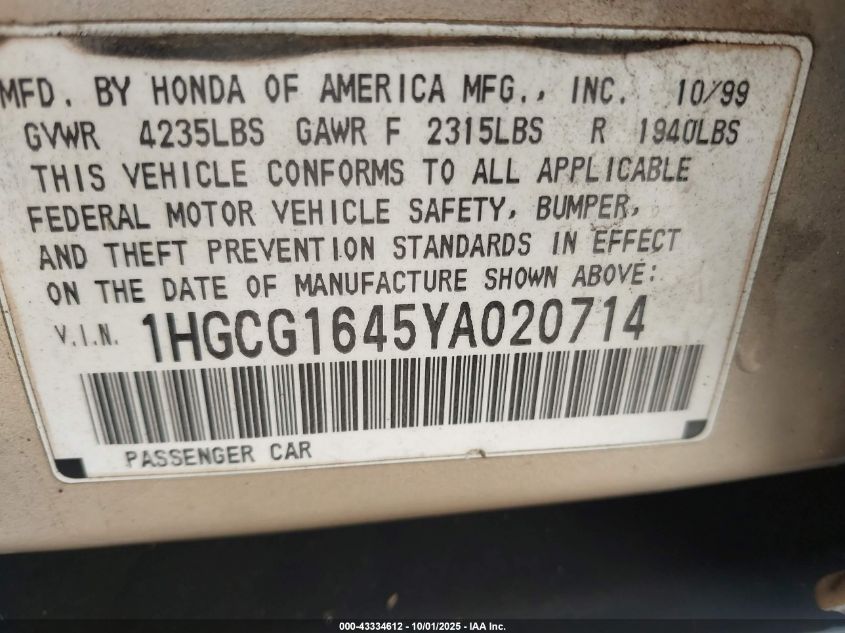 2000 Honda Accord 3.0 Lx VIN: 1HGCG1645YA020714 Lot: 43334612