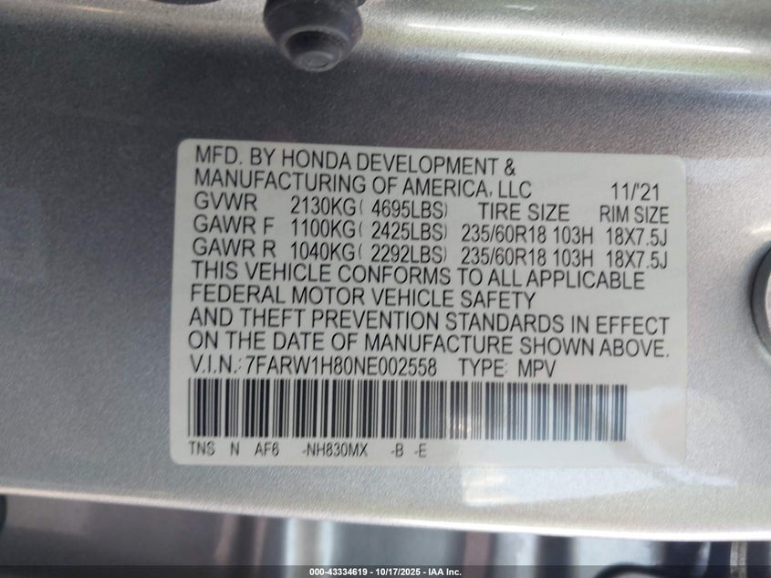 2022 Honda Cr-V 2Wd Ex-L VIN: 7FARW1H80NE002558 Lot: 43334619