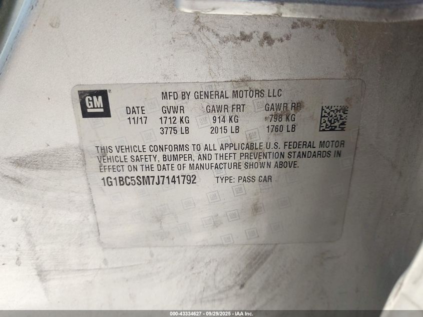2018 Chevrolet Cruze Ls Auto VIN: 1G1BC5SM7J7141792 Lot: 43334627
