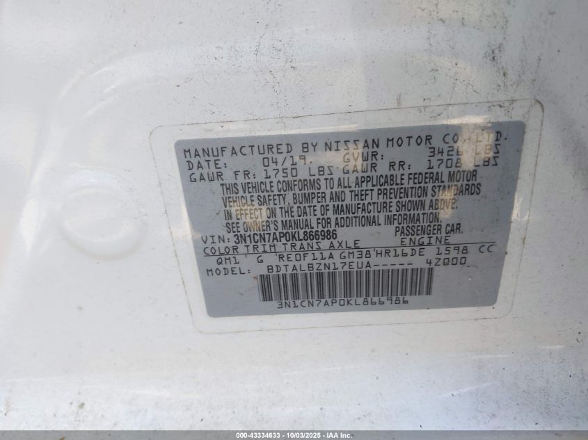 2019 Nissan Versa 1.6 Sv VIN: 3N1CN7AP0KL866986 Lot: 43334633