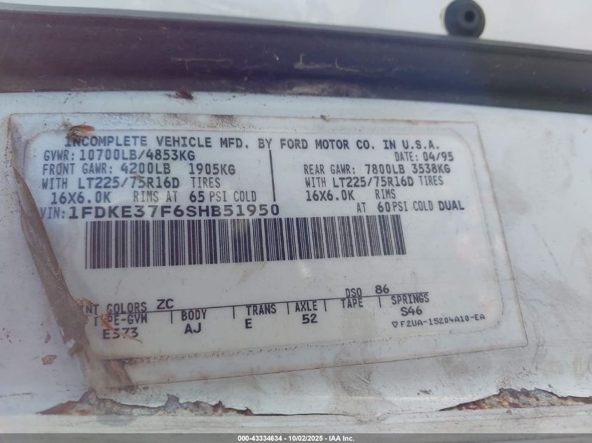 1995 Ford Econoline E350 Cutaway Van VIN: 1FDKE37F6SHB51950 Lot: 43334634