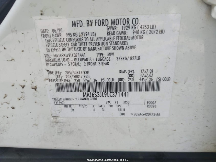 2020 Ford Ecosport Ses VIN: MAJ6S3JL9LC371441 Lot: 43334636