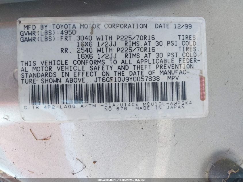 2000 Lexus Rx 300 VIN: JT6GF10U9Y0057838 Lot: 43334651