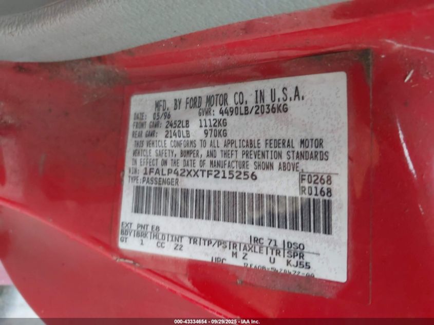 1996 Ford Mustang Gt VIN: 1FALP42XXTF215256 Lot: 43334654