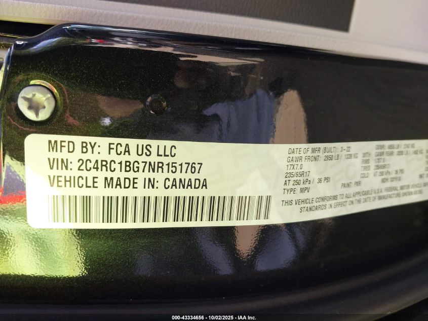 2022 Chrysler Pacifica Touring L VIN: 2C4RC1BG7NR151767 Lot: 43334656