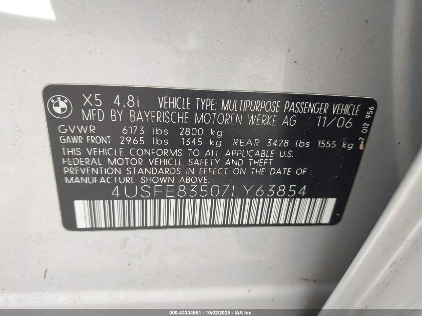 2007 BMW X5 4.8I VIN: 4USFE83507LY63854 Lot: 43334661