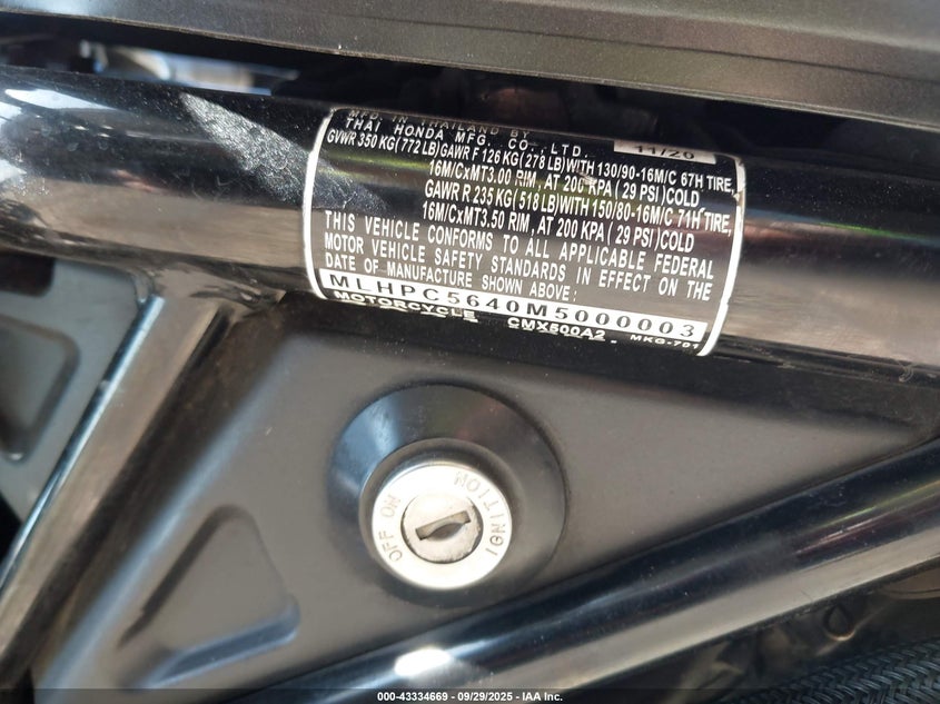 2021 Honda Cmx500 A2 VIN: MLHPC5640M5000003 Lot: 43334669