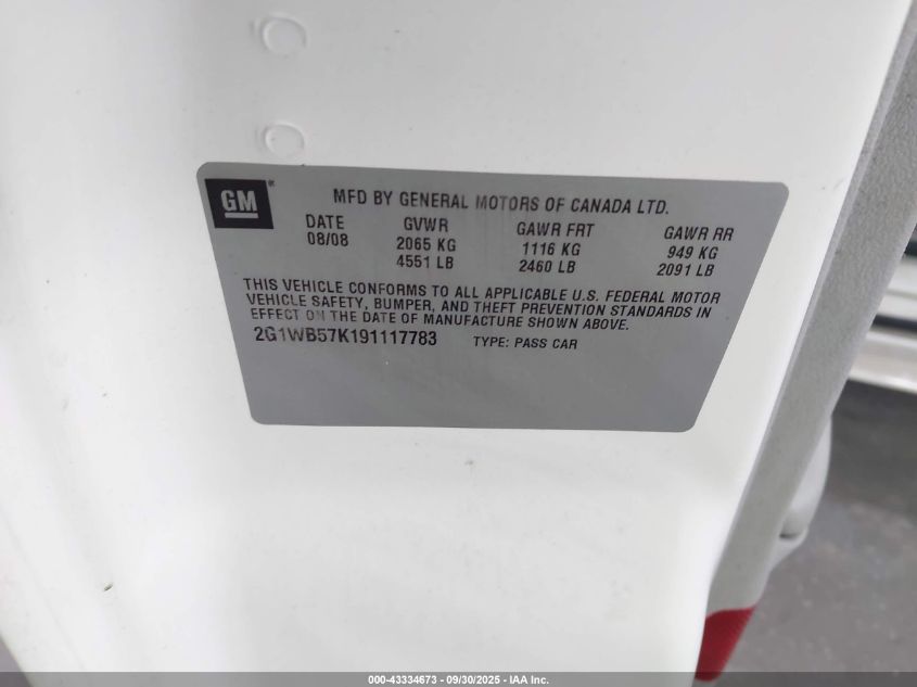 2009 Chevrolet Impala Ls VIN: 2G1WB57K191117783 Lot: 43334673