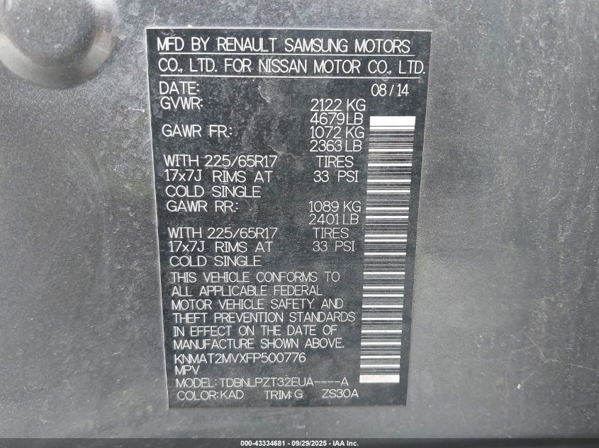 2015 Nissan Rogue S VIN: KNMAT2MVXFP500776 Lot: 43334681