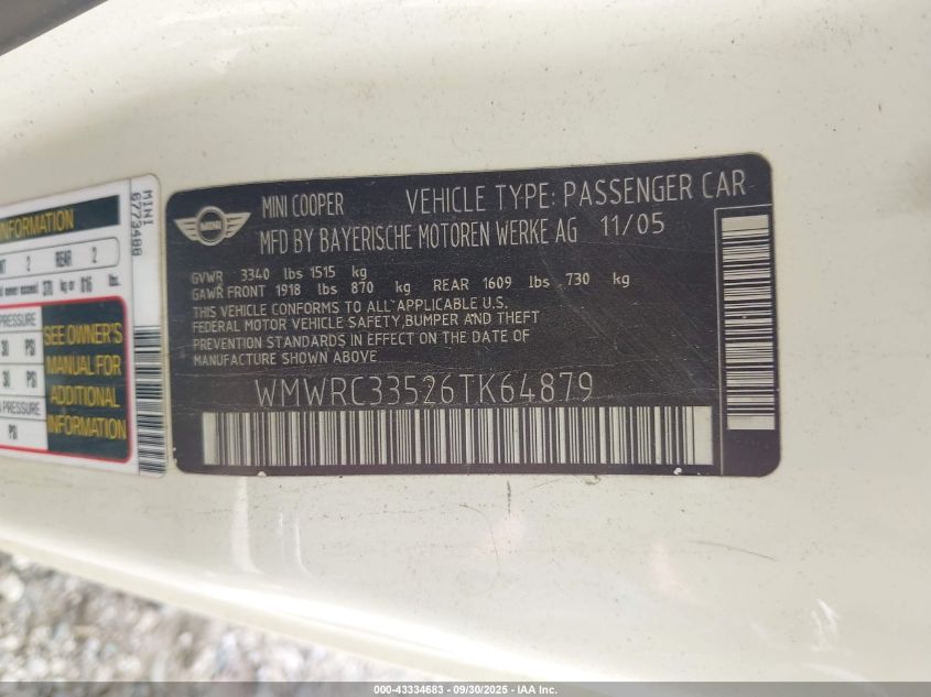 2006 Mini Cooper VIN: WMWRC33526TK64879 Lot: 43334683