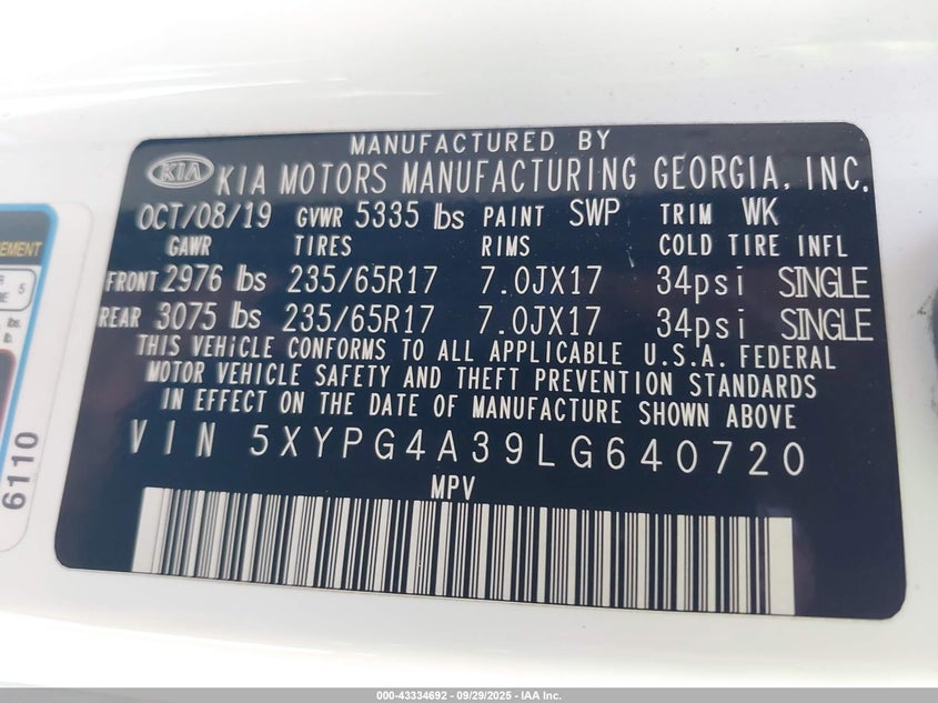 2020 KIA SORENTO 2.4L LX - 5XYPG4A39LG640720