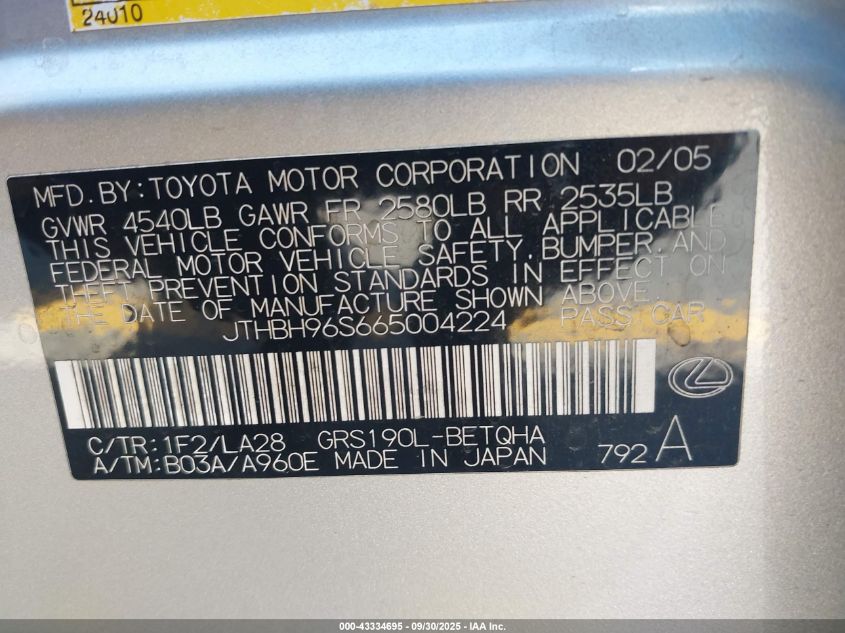 2006 Lexus Gs 300 VIN: JTHBH96S665004224 Lot: 43334695