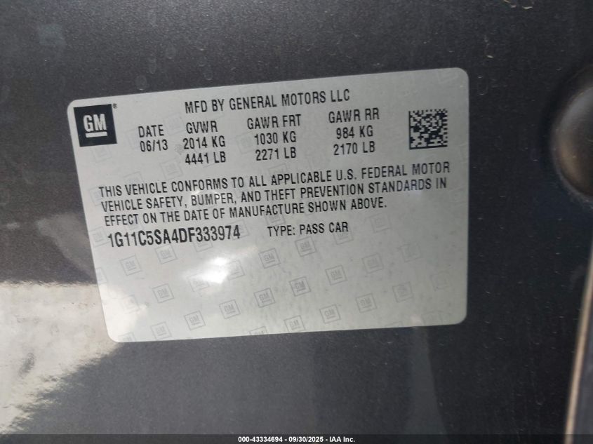 2013 Chevrolet Malibu 1Lt VIN: 1G11C5SA4DF333974 Lot: 43334694