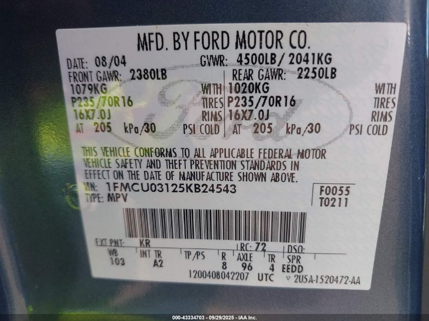 2005 Ford Escape Xlt VIN: 1FMCU03125KB24543 Lot: 43334703