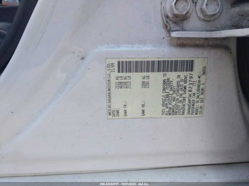 2010 Nissan Maxima 3.5 Sv VIN: 1N4AA5AP7AC823797 Lot: 43334707