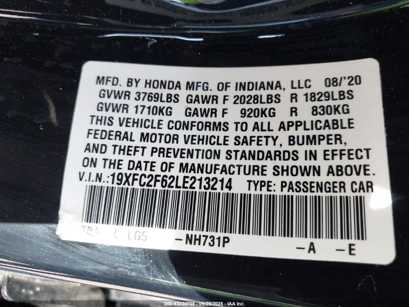 2020 Honda Civic Lx VIN: 19XFC2F62LE213214 Lot: 43334708