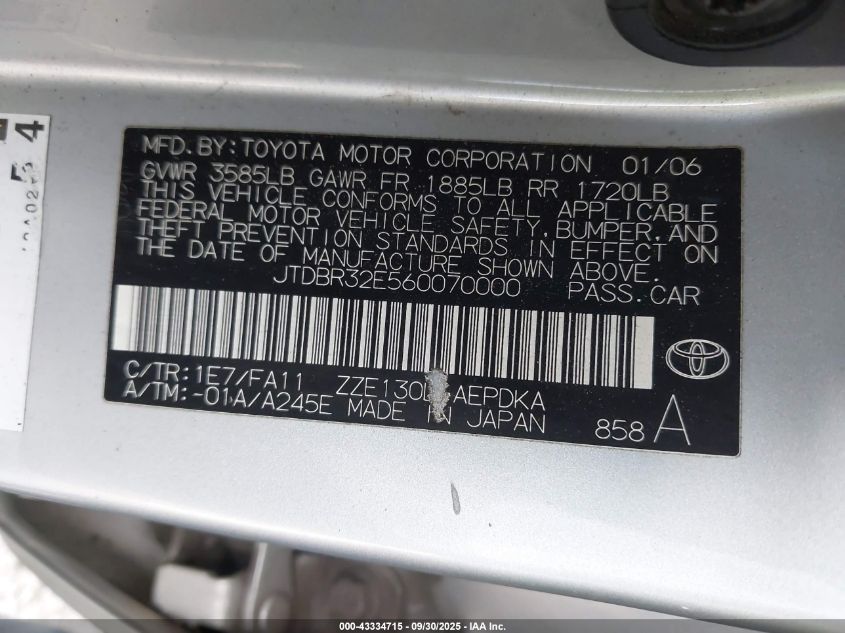 2006 Toyota Corolla Ce VIN: JTDBR32E560070000 Lot: 43334715