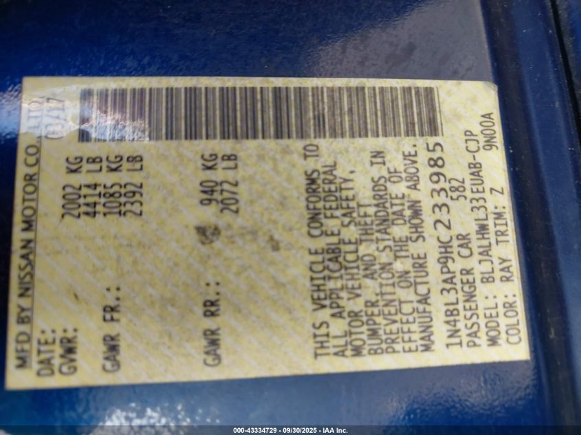 2017 Nissan Altima 3.5 Sr VIN: 1N4BL3AP9HC233985 Lot: 43334729