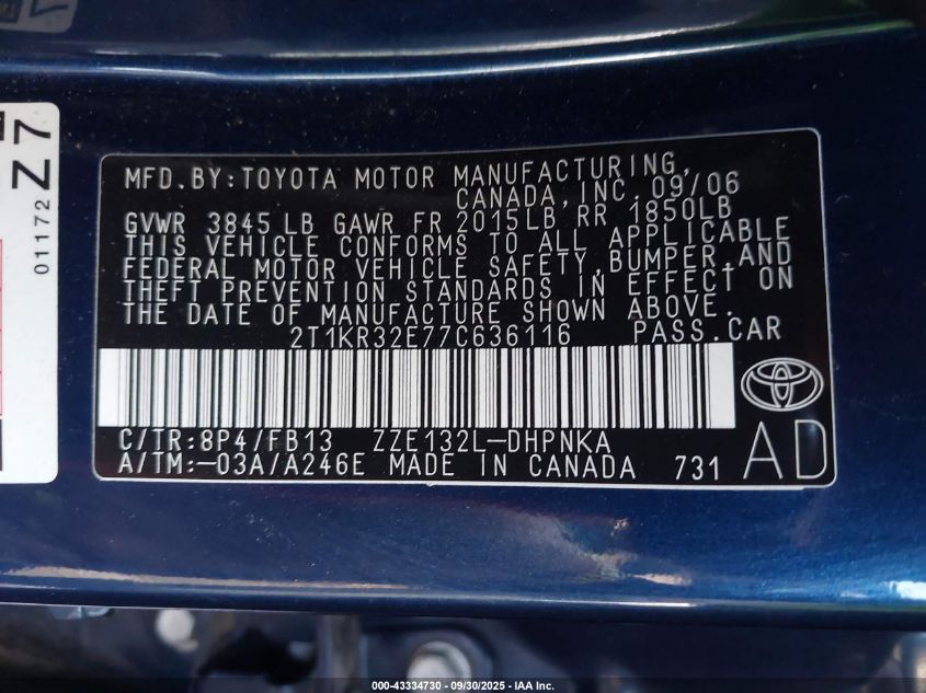 2007 Toyota Matrix Xr VIN: 2T1KR32E77C636116 Lot: 43334730