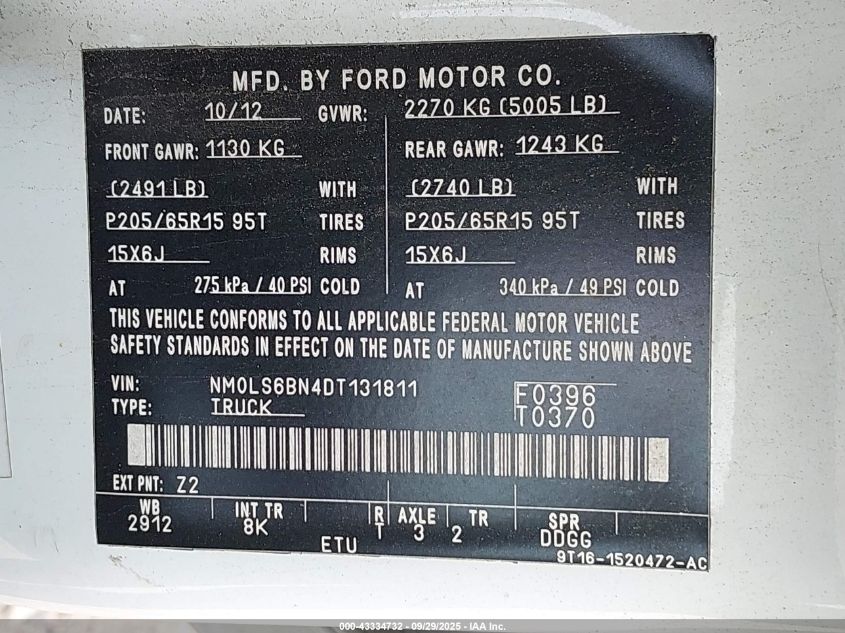 2013 Ford Transit Connect Xlt VIN: NM0LS6BN4DT131811 Lot: 43334732