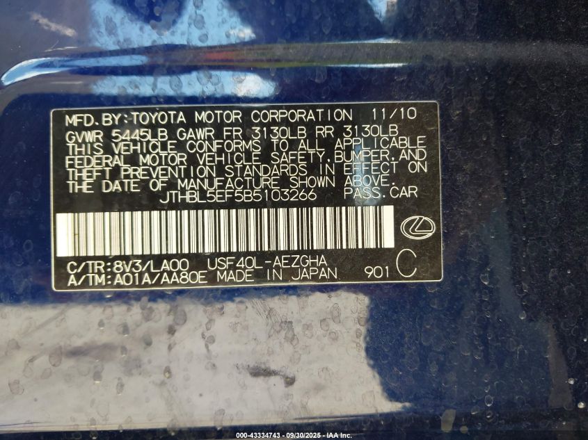 2011 Lexus Ls 460 VIN: JTHBL5EF5B5103266 Lot: 43334743