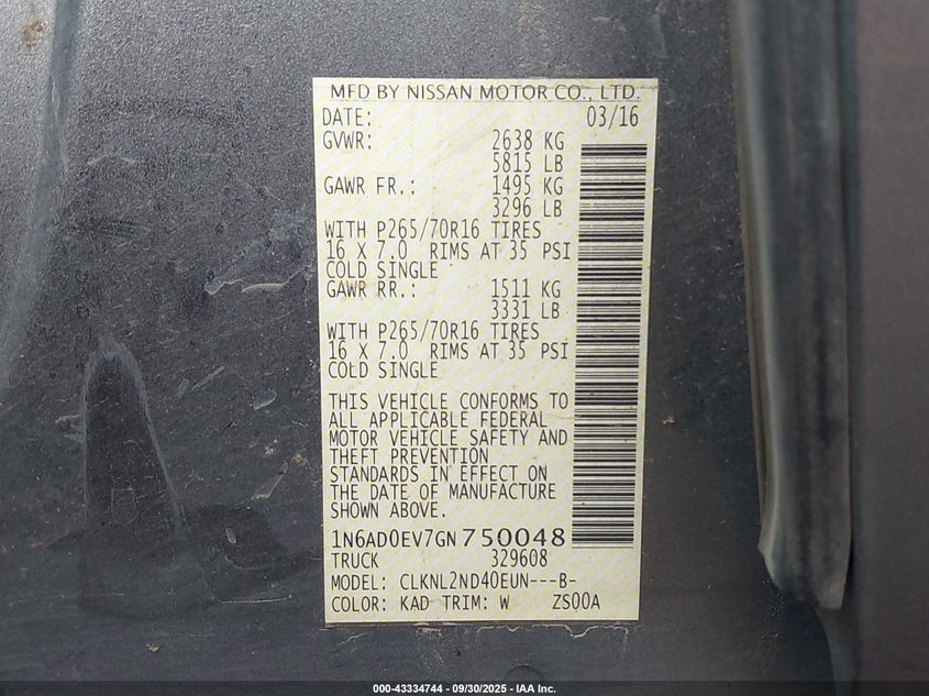 2016 NISSAN FRONTIER PRO-4X/S/SL/SV 1N6AD0EV7GN750048