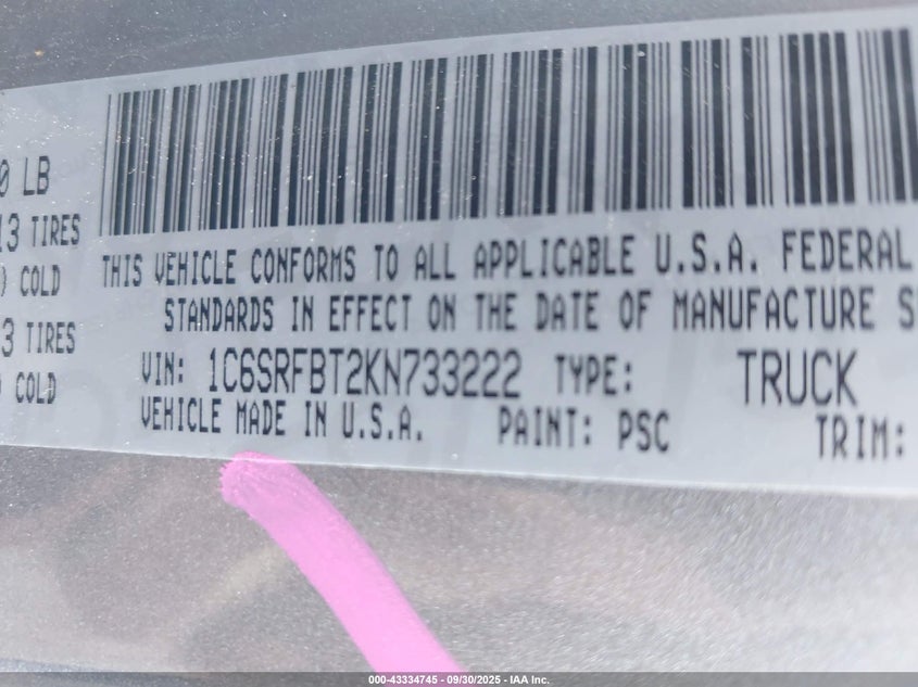 2019 RAM 1500 BIG HORN/LONE STAR  4X4 6'4 BOX 1C6SRFBT2KN733222