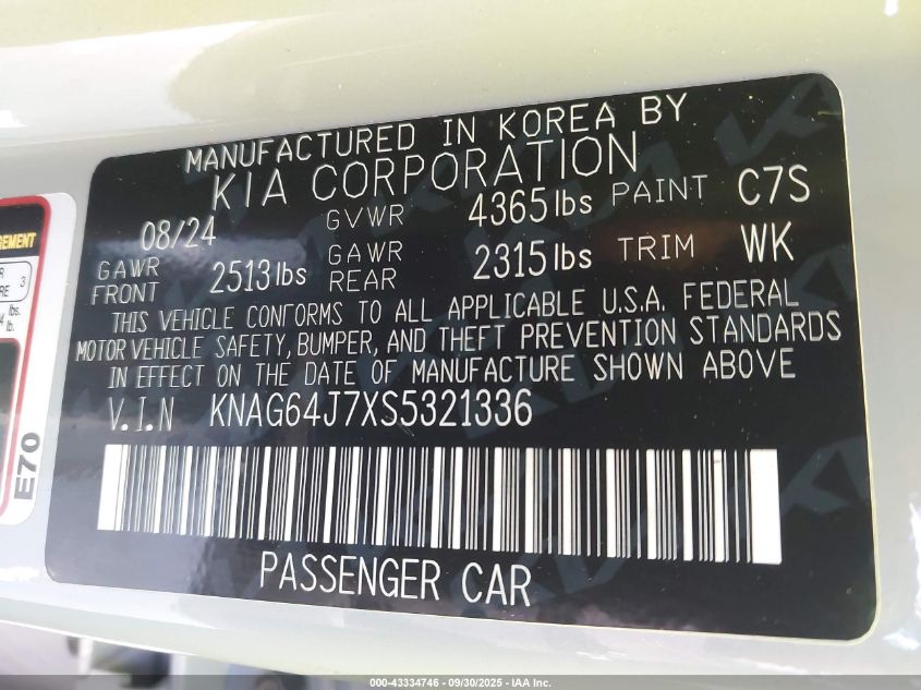 2025 Kia K5 Gt-Line VIN: KNAG64J7XS5321336 Lot: 43334746