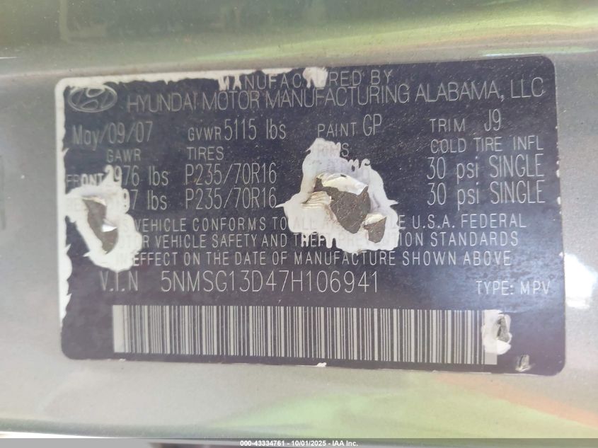 2007 Hyundai Santa Fe Gls VIN: 5NMSG13D47H106941 Lot: 43334761