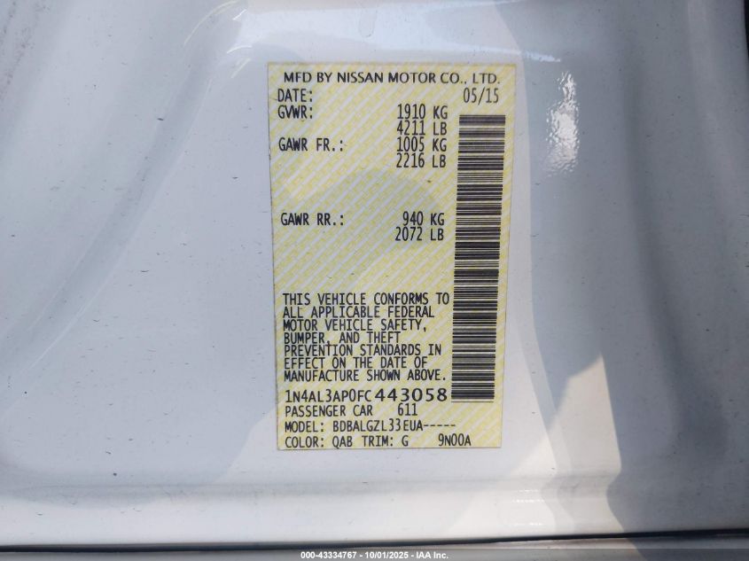 2015 Nissan Altima 2.5 S VIN: 1N4AL3AP0FC443058 Lot: 43334767