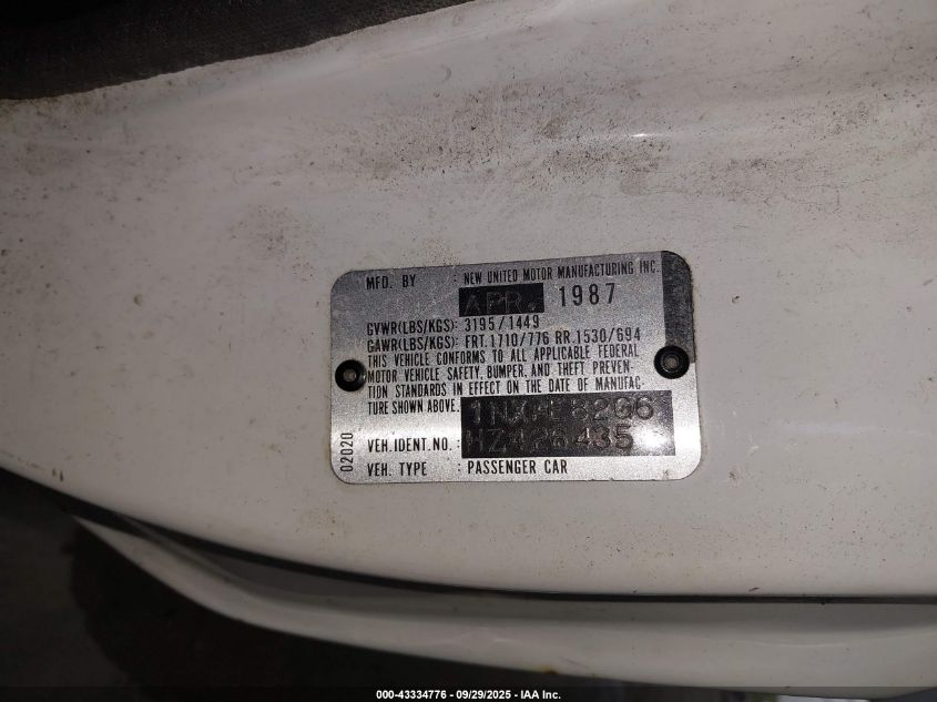 1987 Toyota Corolla Fx VIN: 1NXAE82G6HZ426435 Lot: 43334776