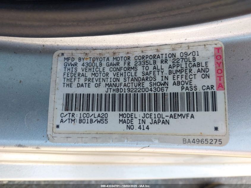 2002 Lexus Is 300 Base W/5-Speed Manual VIN: JTHBD192220043067 Lot: 43334781