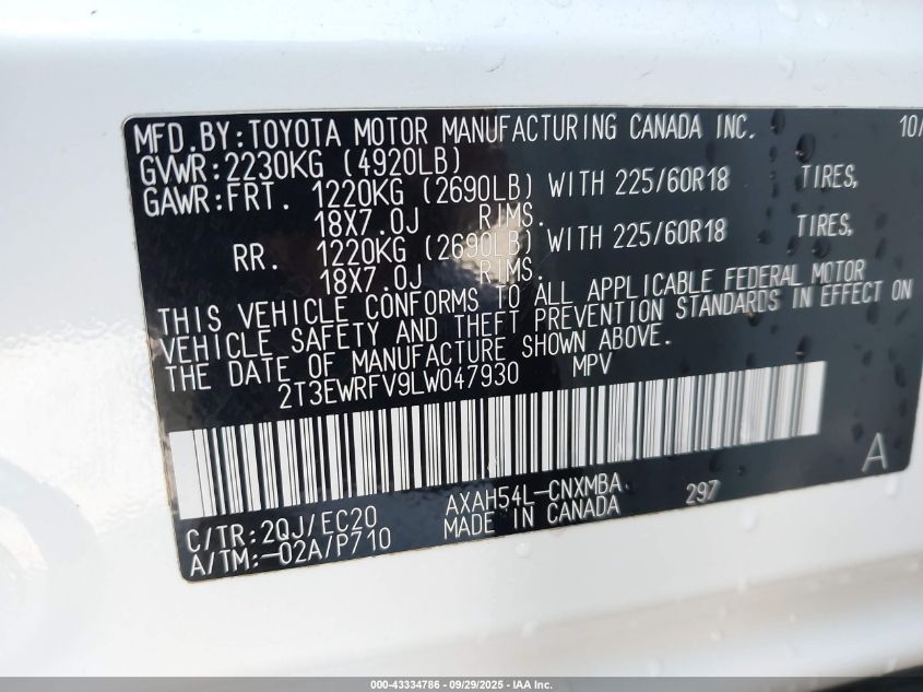 2020 Toyota Rav4 Hybrid Xse VIN: 2T3EWRFV9LW047930 Lot: 43334786