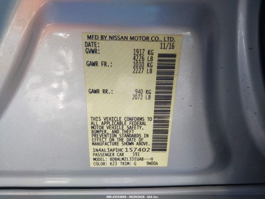 2017 Nissan Altima 2.5 Sv VIN: 1N4AL3AP1HC157402 Lot: 43334809