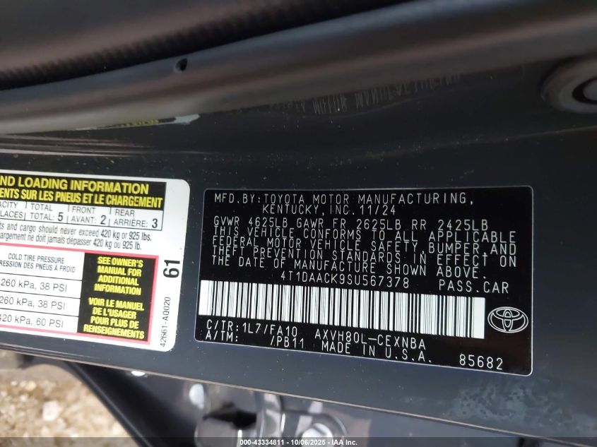 2025 Toyota Camry Le VIN: 4T1DAACK9SU567378 Lot: 43371263