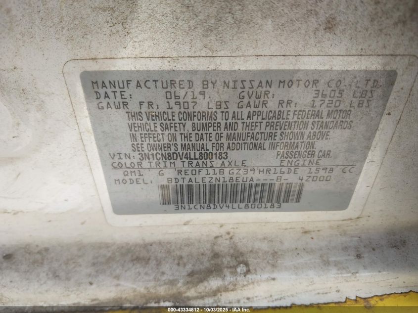 2020 Nissan Versa S Xtronic Cvt VIN: 3N1CN8DV4LL800183 Lot: 43334812