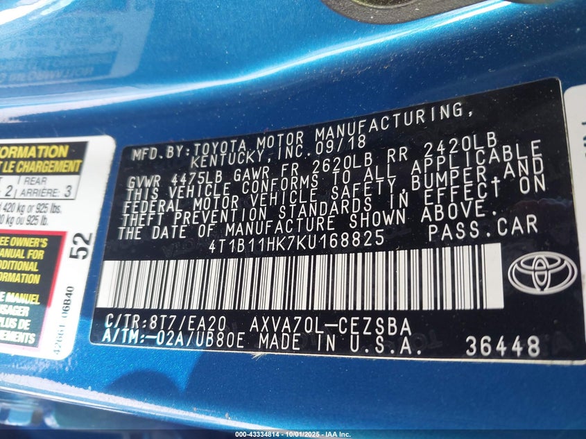 2019 TOYOTA CAMRY SE - 4T1B11HK7KU168825