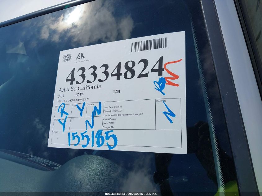 2011 BMW 328I xDrive VIN: WBAPK5G58BNN26872 Lot: 43334824