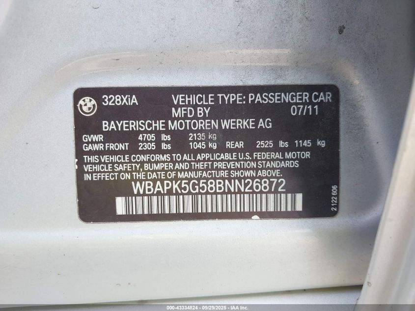 2011 BMW 328I xDrive VIN: WBAPK5G58BNN26872 Lot: 43334824