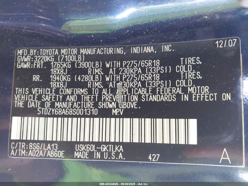 2008 Toyota Sequoia Limited 5.7L V8 VIN: 5TDZY68A68S001310 Lot: 43334826