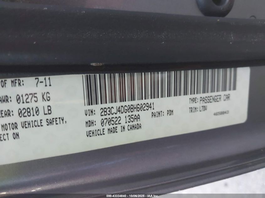 2011 Dodge Challenger VIN: 2B3CJ4DG0BH602941 Lot: 43334840