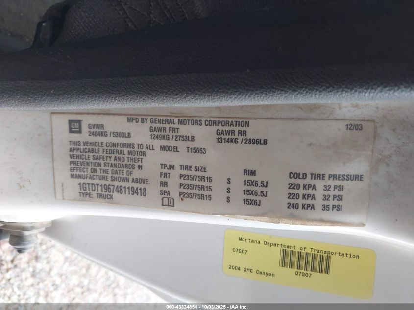 2004 GMC Canyon Sle VIN: 1GTDT196748119418 Lot: 43334854