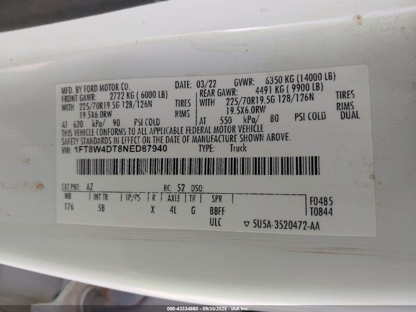 2022 Ford F-450 Lariat VIN: 1FT8W4DT8NED87940 Lot: 43334860