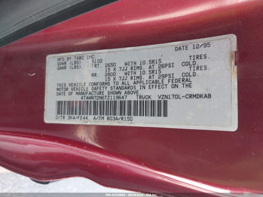 1996 Toyota Tacoma Xtracab VIN: 4TAWN72N6TZ119647 Lot: 43334862