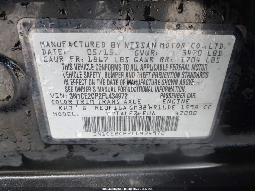 2015 Nissan Versa Note S (Sr)/S Plus/Sl/Sr/Sv VIN: 3N1CE2CP2FL434972 Lot: 43334866