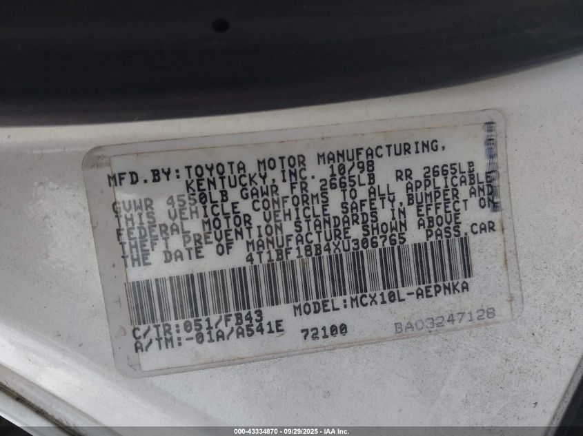 1999 Toyota Avalon Xl VIN: 4T1BF18B4XU306765 Lot: 43334870