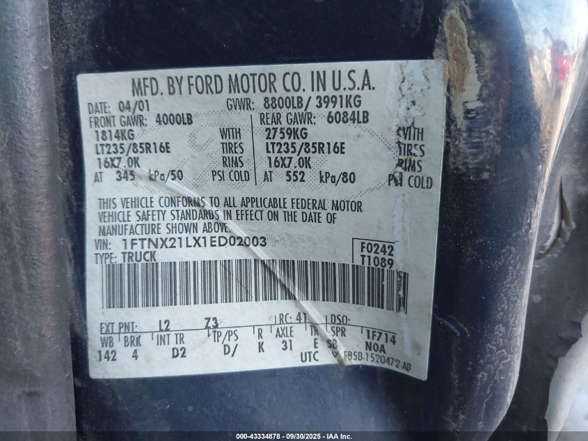 2001 Ford F-250 Lariat/Xl/Xlt VIN: 1FTNX21LX1ED02003 Lot: 43334878