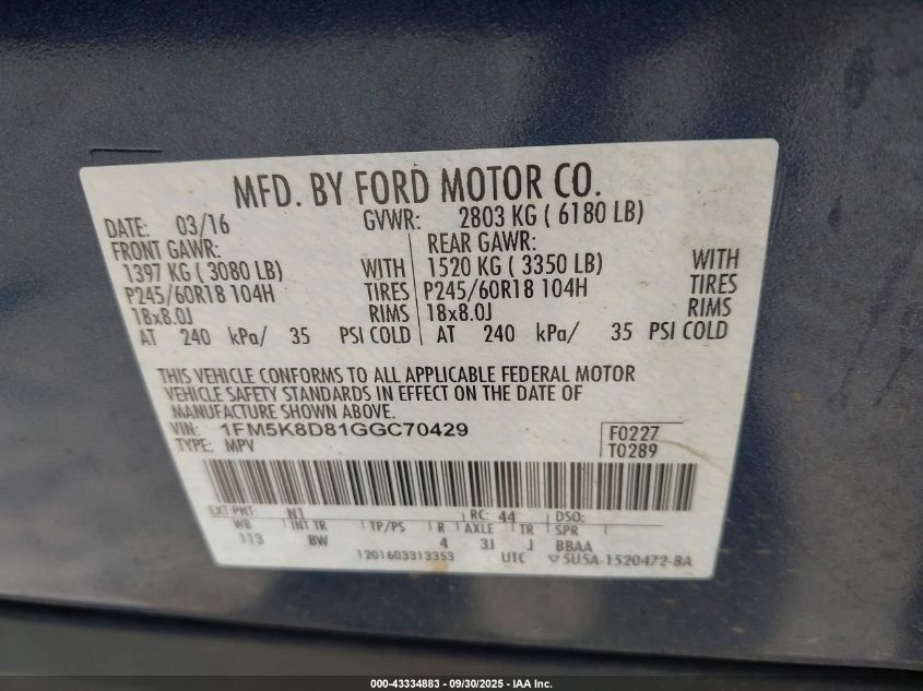 2016 Ford Explorer Xlt VIN: 1FM5K8D81GGC70429 Lot: 43334883