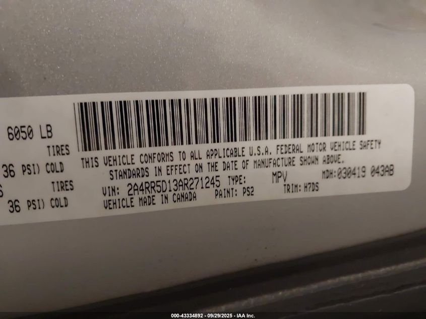 2010 Chrysler Town & Country Touring VIN: 2A4RR5D13AR271245 Lot: 43334892